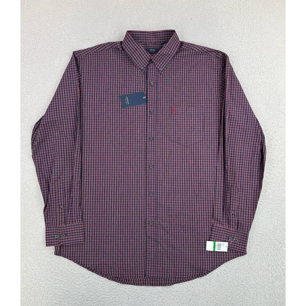 Arrow Shirt Mens Large Blue Plaid Long Sleeve Button Up Wrinkle Resistant Casual